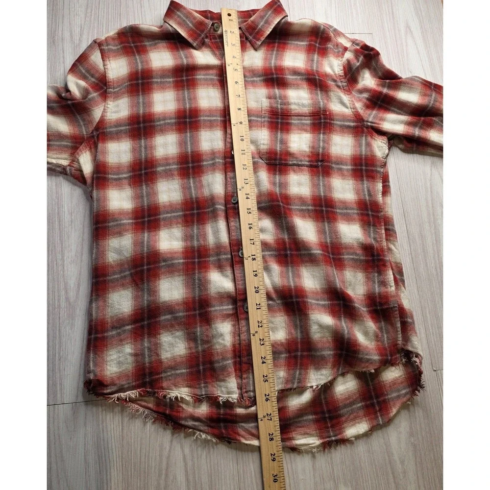FRAME Slim Plaid Flannel Shirt Red Cream‎ Distressed Hem Button Up Medium - Picture 9 of 10